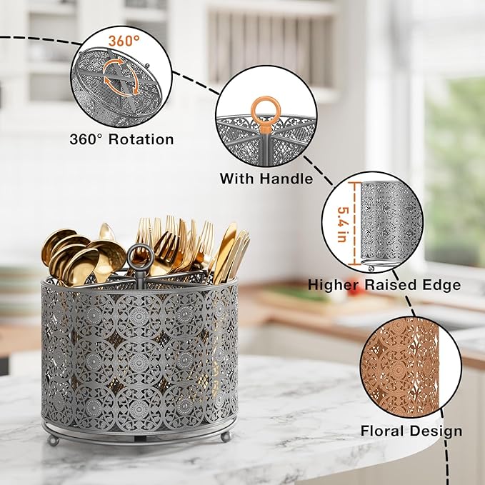 YIUKEA Rotating Utensil Caddy Countertop - Higher Raised Cutlery Caddy Holder - Metal Silverware Caddy Organizer with 4 Compartment for Kitchen Counter Party Office Silver