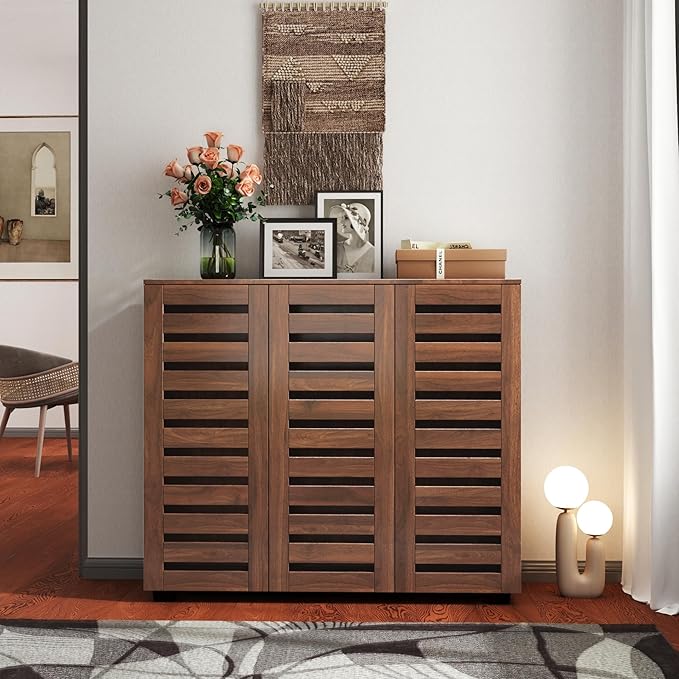 Shoe Cabinet, 5-Tier Shoe Storage Cabinet with Adjustable Shelves, Wooden Shoe Rack Organizer with Louvered Doors for Entryway, Hallway, Bedroom, Living Room