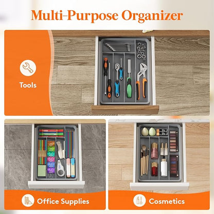 Lifewit Silverware Drawer Organizer Tray, Plastic Cutlery Storage for Kitchen, Flatware and Utensil Holder Divider for Spoons Forks Knives Tableware, 9.5 x 13.4", 5 Slots, Gray