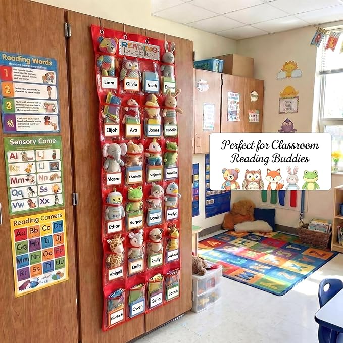 24 Pocket Classroom Reading Buddies Storage Organizer over The Door Hanging Small Stuffed Animal Holder with Card Blank Name Tags Classroom Pocket Chart for Preschool Kindergarten Reading Corner