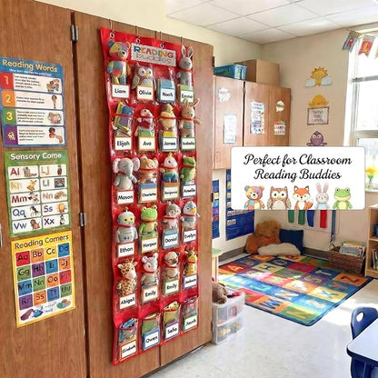 24 Pocket Classroom Reading Buddies Storage Organizer over The Door Hanging Small Stuffed Animal Holder with Card Blank Name Tags Classroom Pocket Chart for Preschool Kindergarten Reading Corner
