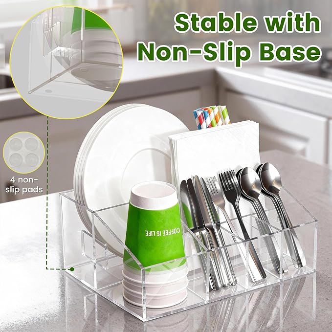 Acrylic Paper Plate Holder Organizer, Clear Utensil Caddy & Dispenser with Non-Slip Pads&7 Divided Grids for Kitchen, Party, Outdoor - Space-Saving Storage
