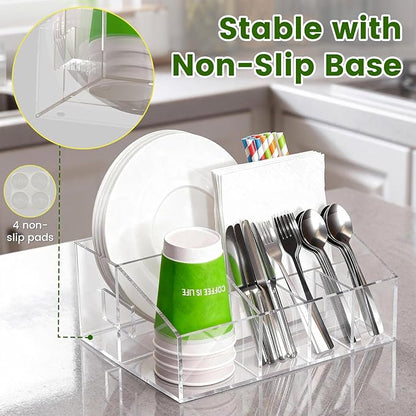 Acrylic Paper Plate Holder Organizer, Clear Utensil Caddy & Dispenser with Non-Slip Pads&7 Divided Grids for Kitchen, Party, Outdoor - Space-Saving Storage