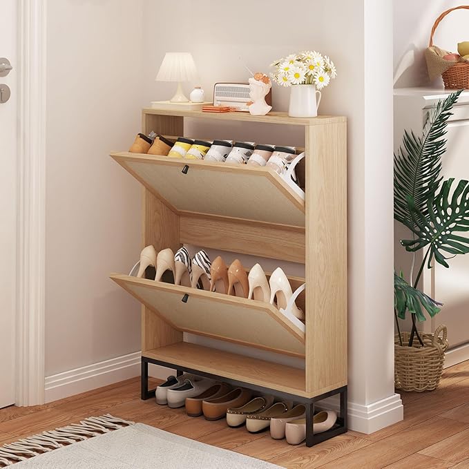 AVZEAR Narrow Shoe Storage Cabinet for Entryway with Natural Linen Panel, Freestanding Slim Shoe Cabinet with 2 Flip Drawers, Wood Shoe Organizer Closed Shoe Rack for Hallway, Living Room(Natural)