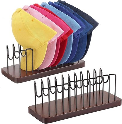 Hat Organizer for Baseball Caps, Hat Rack Stand for 20 Hats Wood Metal Hat Holder Storage Baseball Cap Organizer for Closet Dresser Desk (Brown, 2 Packs)