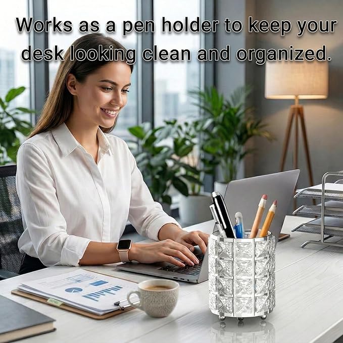LUGUNU Makeup Brush Holder with Silver Crystal Bling – Elegant Vanity Organizer for Brushes, Pens & Pencils, Ideal for Bathroom or Office Countertop(2Pack)