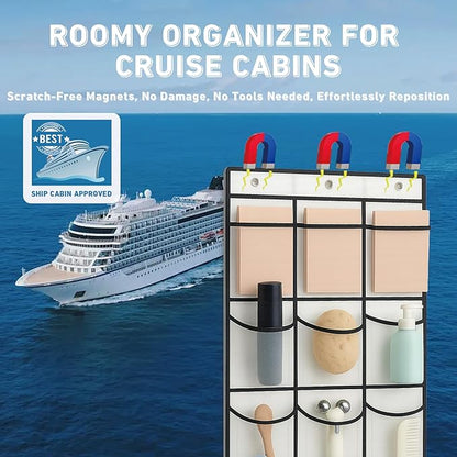 Cruise Magnetic Door Organizer with Hooks, 15 Large Pockets, Strong Anti-Scratch Magnets, Over-the-Door Hanging Storage for Cruise Cabin Essentials, Space Saving Cruise Door Organizer