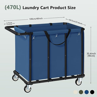 FAVOOSTY 470L Heavy Duty Commercial Laundry Cart with Wheels,Industrial Rolling Laundry Hamper, Extra Large Laundry Basket, Metal Frame for Hotel/Hospital/Home, 440lbs (Blue)
