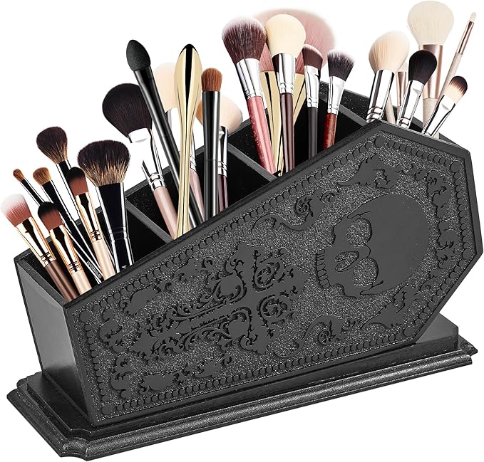 Gothic Coffin Decor Makeup Brush Holder,Spooky Witchy Gifts for Women,Skull Cosmetic Display Cases,Goth Decor Pen Holder, Vanity, Desk, Office Organizer for Christmas Bedroom Bathroom (Black)