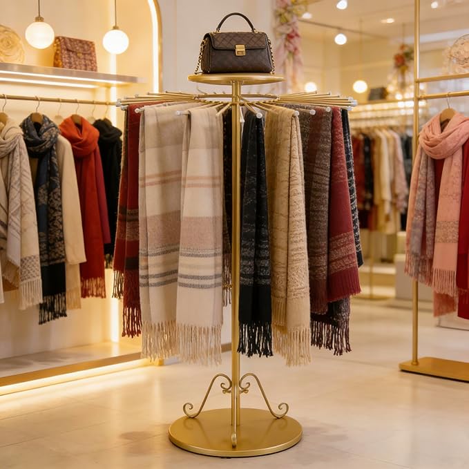 Gold 360°Rotating Scarf Display Tie Rack Belt Hanger Shawl Hijab Stand, Boutique Retail Display Stand Home Organizer Holder for Commercial Clothing Store, Bedroom(49.2in, 30 Hanging Rods)