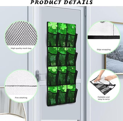 12-Pocket Storage Hanging Bag Behind the Door, Over the Door Organizer with Mesh Pockets for Shoes Essentials, Space Saving Door Organizer for Bedroom Dorm Closet, Lucky Leaf Pattern