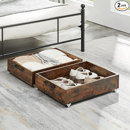 TIOPGHAD Under Bed Storage with Wheels, 2-Pack Under Bed Shoe Storage Organizer Drawer, Composite Wood Particleboard Organizer for Shoes Clothes Containers in Bedroom for Clothes,Shoes(Brown)