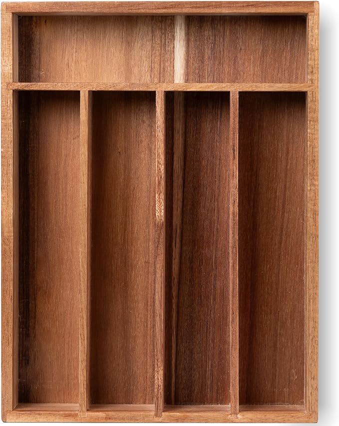Fibogollo Silverware Organizer Acacia Wood Kitchen Drawer Organizer with 5 Slots Flatware Organizer Tray for Kitchen, Flatware, Utensils