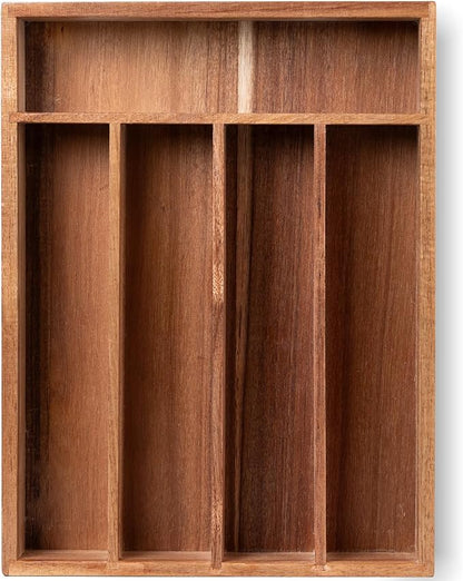 Fibogollo Silverware Organizer Acacia Wood Kitchen Drawer Organizer with 5 Slots Flatware Organizer Tray for Kitchen, Flatware, Utensils