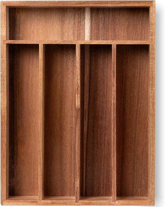 Fibogollo Silverware Organizer Acacia Wood Kitchen Drawer Organizer with 5 Slots Flatware Organizer Tray for Kitchen, Flatware, Utensils