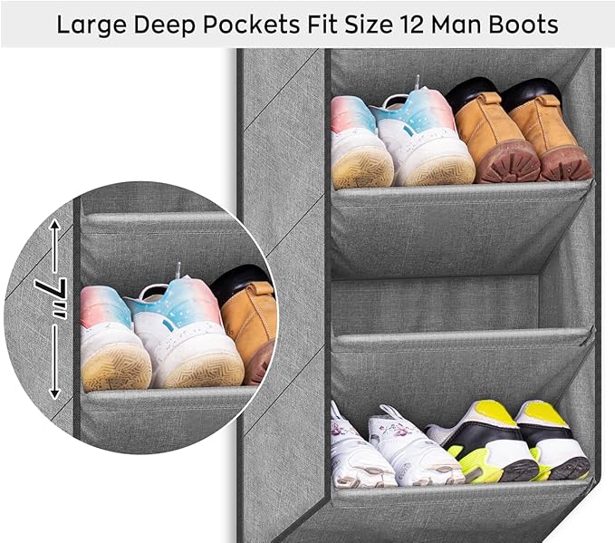 SLEEPING LAMB Over the Door Shoe Organizer for Closet, Short Hanging Shoe Rack with Large Deep Pockets, Narrow Door Sneaker Storage for Boots in RV, Dorm, Grey