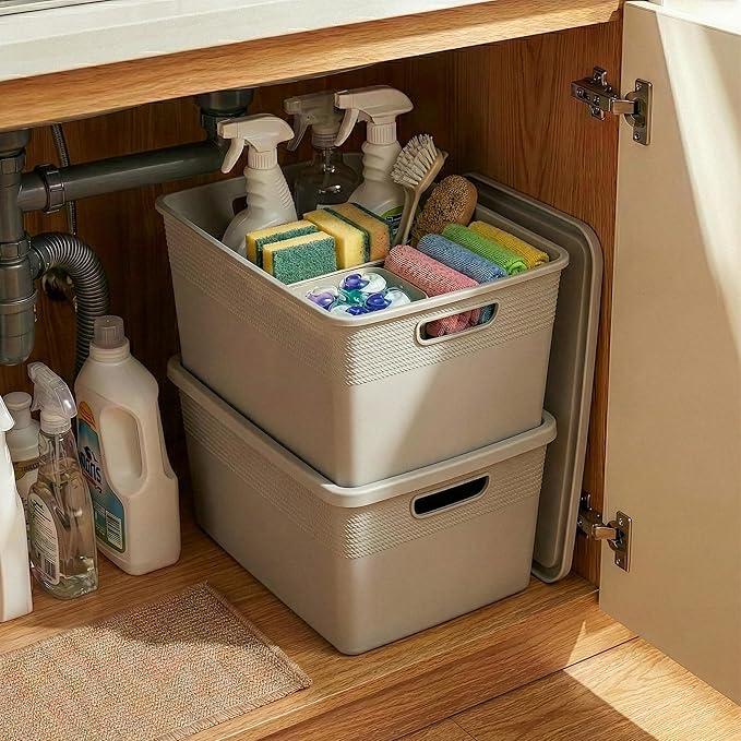 BINO | Plastic Storage Bins with Lids, 22 Liter - 3 Pack, Natural Grey | THE BRAIDED COLLECTION | Plastic Bins for Organization Woven Storage Baskets for Organizing Pantry Shelf Organizer Basket Bin