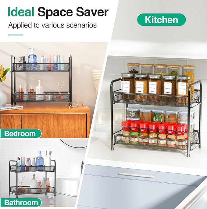 Spice Rack Organizer for Countertop,Xpatee 2-Tier Foldable Metal Rust-Proof Standing Large Seasoning Storage Shelf with Guardrail and Mesh Design for Kitchen Cabinet Bathroom Living Room Pantry, Black
