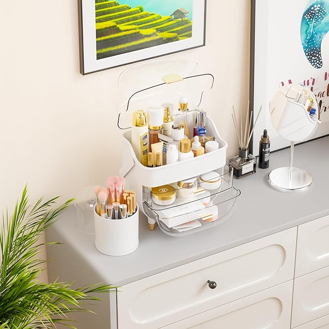 Yieach Makeup Skincare Organizer for Face Care Beauty Product,and Countertop Makeup Organizer with Cover,Make up Brush Holder,Large Capacity Cosmetic Storage Box & Caddy for Bathroom,Dresser,White