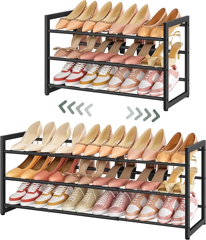 FAVOOSTY 3-Tier Expandable Shoe Rack, Adjustable Shoe Shelf Storage Organizer Space Saving Metal Free Standing Shoe Rack for Entryway Closet Doorway, Black
