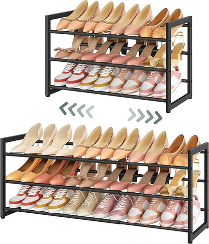 FAVOOSTY 3-Tier Expandable Shoe Rack, Adjustable Shoe Shelf Storage Organizer Space Saving Metal Free Standing Shoe Rack for Entryway Closet Doorway, Black