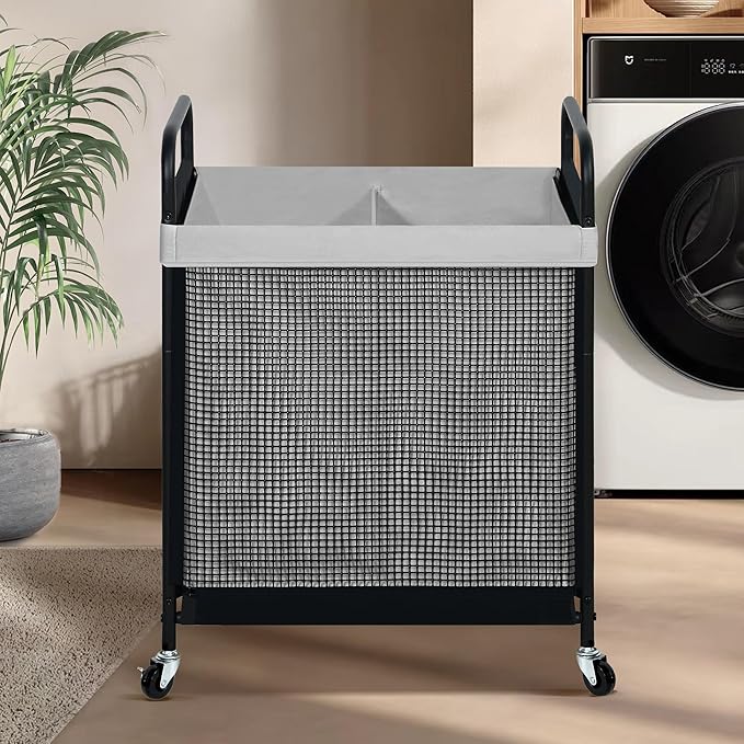 STO STO Laundry Hamper 2 Section, 100L Rolling Laundry Sorter Cart with Removable and Washable Liner Bag, Clothes Hamper with Wheels and Metal Handle for Laundry Room and Bedroom, Gray