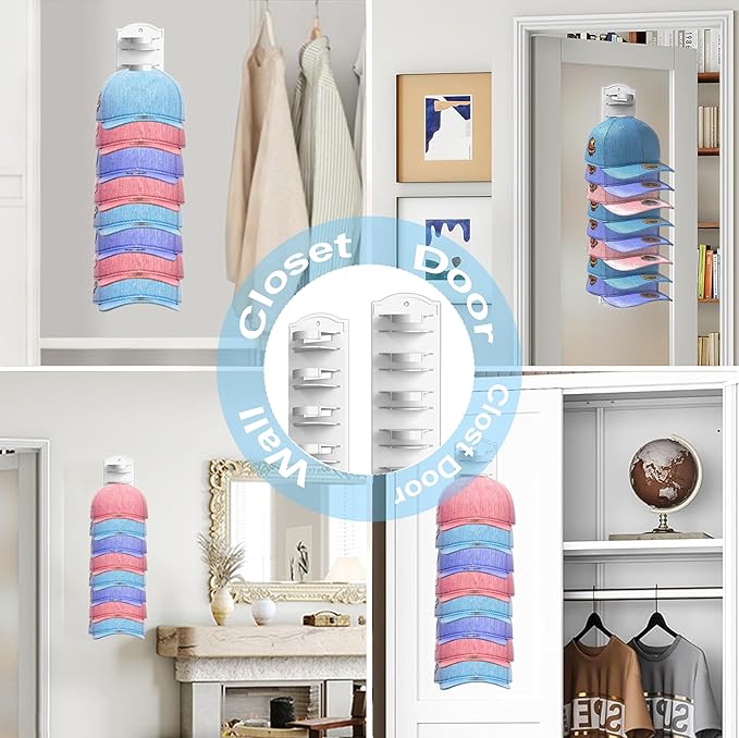 Hat Organizer for Baseball Caps on the Wall, Adhesive Hat Storage Rack, Ball Cap Hooks Display, Vertical Hat Hanger Holder for Door and Closet, Hold Up to 10 Hats, Clear, 1 Pack