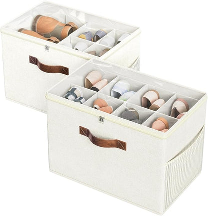 Budding Joy 2 Pack Shoe Organizer for Closet, Clear Foldable Shoe Storage Containers Adjustable Dividers Fits 16 Pairs,Shoe Storage Bins Baskets Boxes with Reinforced Handles Beige