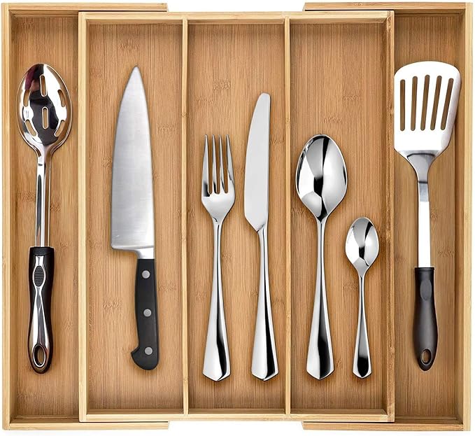 Purawood Premium Bamboo Drawer Organizer, 100% Pure Bamboo, Adjustable Utensil Organizer, Silverware Tray for Drawer (3-5 slots)