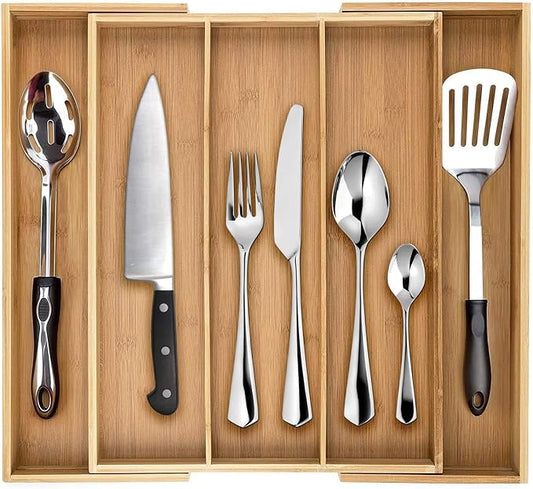 Purawood Premium Bamboo Drawer Organizer, 100% Pure Bamboo, Adjustable Utensil Organizer, Silverware Tray for Drawer (3-5 slots)