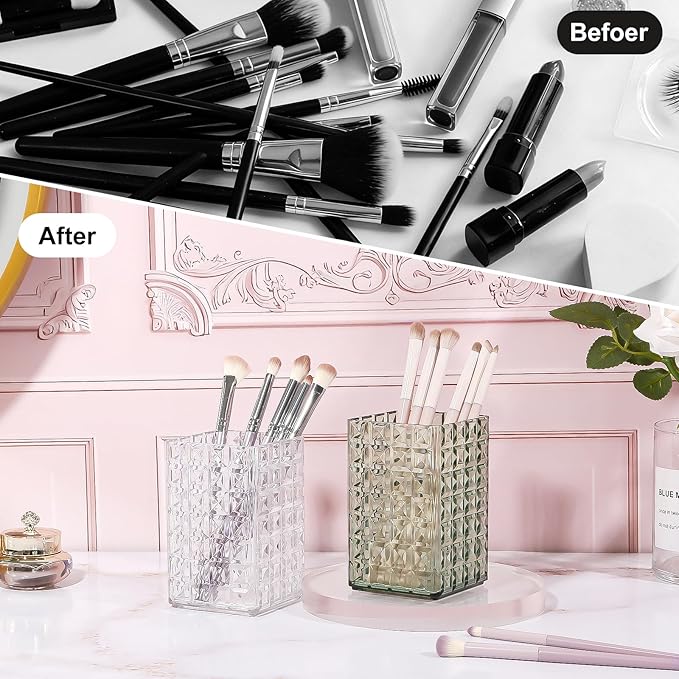 DASITON Makeup Brush Holder Organizer, Acrylic Makeup Brush Cup, Diamond Striped Make Up Brush Holder for Vanity, Bathroom Countertop, Toothbrush Holders, Pen Holder for Desk Storage (Clear)