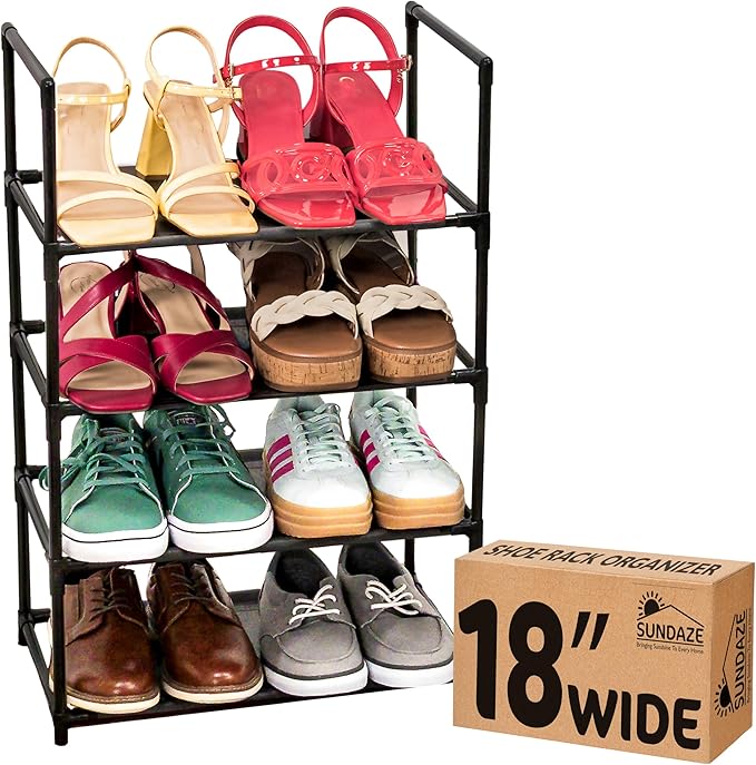 Sundaze Shoe Rack - 4 Tier Shoe Rack for Closet, Sturdy Stackable Shoe Organizer for Closet, Bedroom, Entryway, Garage, Non Woven Fabric Shelf, Black, Holds 8-12 Pairs