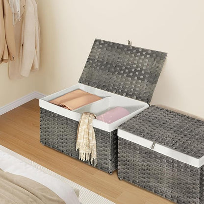 Greenstell Storage Basket with Lid, 105L Large Wicker Basket with Lid, Handwoven Blanket Storage Basket with Handles, Removable Cotton Liner, Metal Frame, Foldable for Bedroom, Laundry Room, Grey