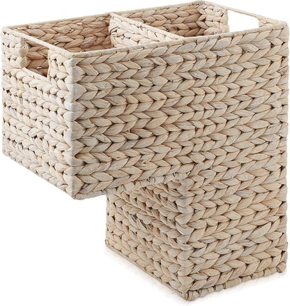 Casafield Stair Step Basket with Handles, Whitewash - Woven Water Hyacinth Staircase Basket Storage Bin Organizer