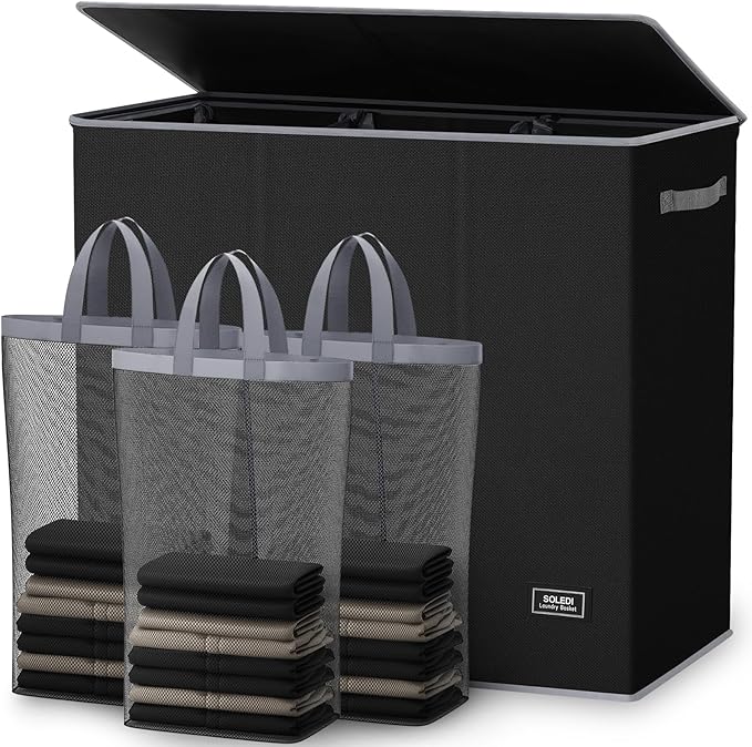 SOLEDI 180L Laundry Hamper 3 Section, Extra Large Laundry Hamper with Lid, Dirty Clothes Hamper with Sturdy Handle, Large Laundry Basket Organizer for Laundry Room, Bedroom, Hampers for Laundry
