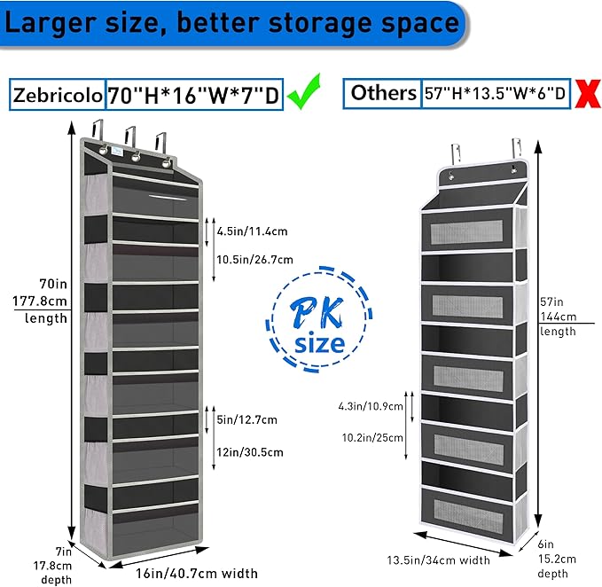 over the door organizer, Solid Bamboo Board (Not Plastic!) 6-Tier Heavy Duty 75LB, 12 Side Pockets, 3 Reinforced Hooks & Anti-Slip Pads, Waterproof & Washable, No Sagging, No Door Damage,Matte Black