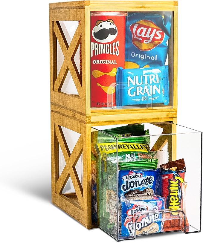 Stackable Bamboo Snack Drawer Organizer (2 Pack) – Pull-Out Storage Bins with Clear Acrylic Drawers – Pantry Storage for Snacks, Coffee Pods, Spices & K-Cups
