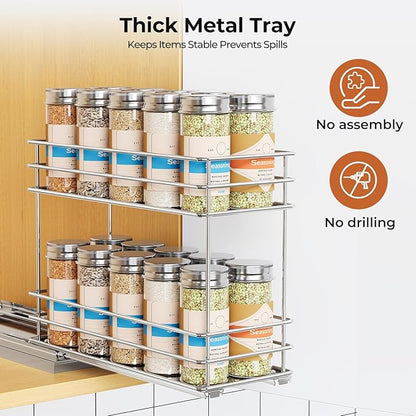 Mystozer Pull Out Spice Rack Organizer for Cabinet, Slide Out Spice Racks, Easy to Install, 4.33" Wx10.43 Dx8.66 H, 1 Drawer 2 Tiers(Silver)