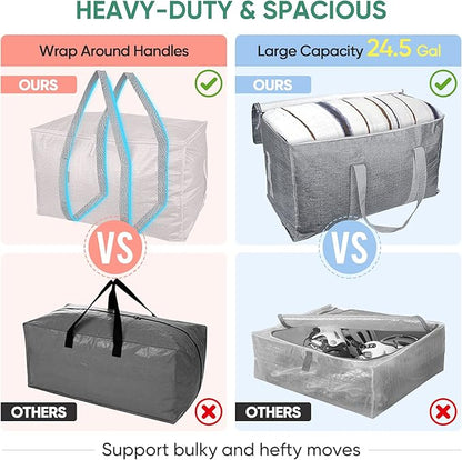 BALEINE 8-Pack Oversized Moving Bags with Reinforced Handles, Heavy-Duty Storage Tote for Clothes, Moving Supplies (Winter Grey, 8-Pack)