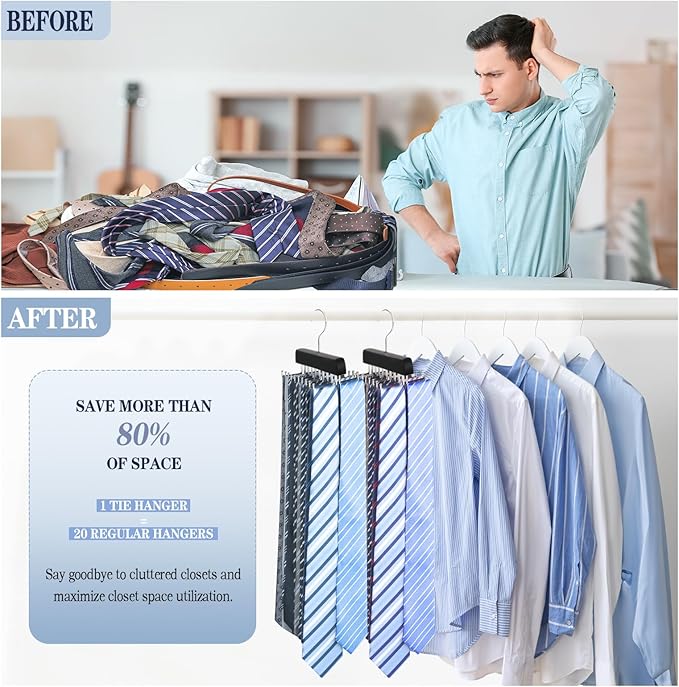 2 Pack Tie Rack Belt Hanger for Closet Upgraded Non Slip Tie Hanger Space Saving with 20 Foldable Hooks Wooden Belt Tie Organizer for Tank Tops Bras Cami Scarves