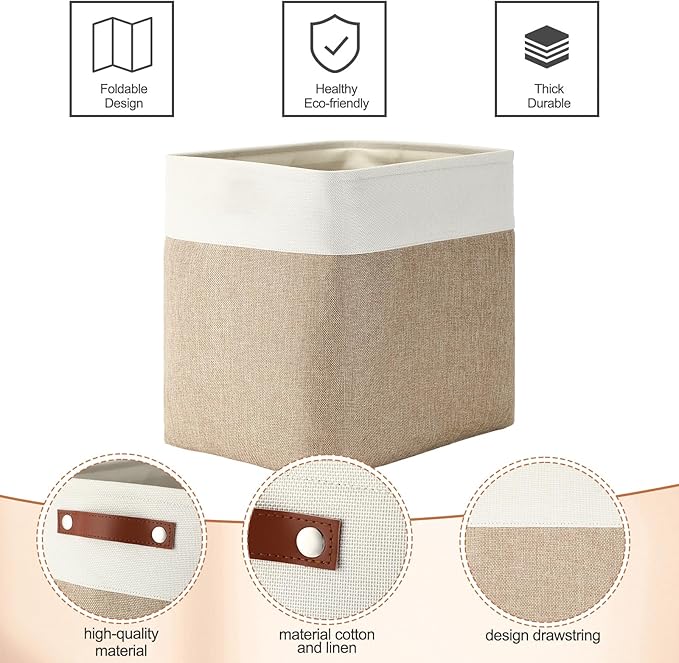 Uiifan 10 Pcs Collapsible Storage Bins Fabric Foldable Storage Basket with Handles Cloth Organizer Linen Shelf Baskets for Shelves Home Closet Nursery Toys(17 x 15 x 12 Inch,Beige and White)