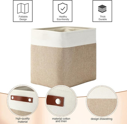 Uiifan 10 Pcs Collapsible Storage Bins Fabric Foldable Storage Basket with Handles Cloth Organizer Linen Shelf Baskets for Shelves Home Closet Nursery Toys(17 x 15 x 12 Inch,Beige and White)