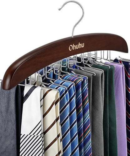 Tie Rack Hanger for Closet: Ohuhu 24 Folding Hooks Tie Hangers for Men Wooden Tie Holder Organizer Space Saving Necktie Storage 360 Degree Rotating Ties Belts Scarves Tank Tops Accessories-Walnut