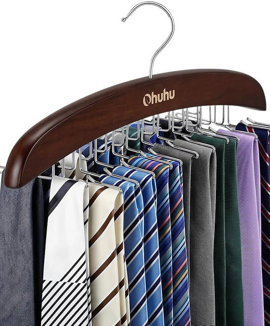 Tie Rack Hanger for Closet: Ohuhu 24 Folding Hooks Tie Hangers for Men Wooden Tie Holder Organizer Space Saving Necktie Storage 360 Degree Rotating Ties Belts Scarves Tank Tops Accessories-Walnut