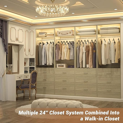 Besiost Freestanding 2FT Closet System with 3 Wood Drawers, 24" Closet Organizer System with Hanging Rod & Shelves, Walk-in Closet Systems for Small Closet, White Oak (24"L*15"W*80"H)