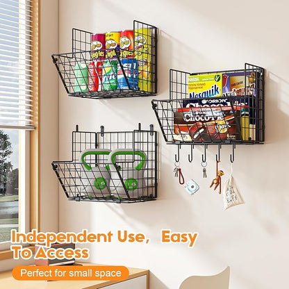X-cosrack Metal Wire Basket Wall Mount, 3 Tier Wall Storage Organizer with 5 S Hooks, Kitchen Fruits and Vegetables Bin Toys Organizer Hanging Basket Black (S (10.83" L x 10.63" W x 30" H))
