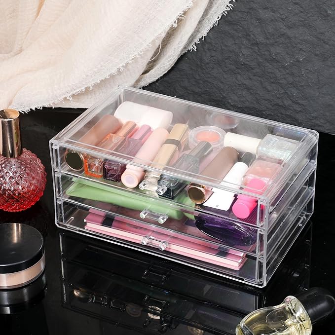 1 Pc Acrylic Storage Drawers, 9.3 X 5.3 X 4 Inch Clear Storage Drawers with 3 Drawer Stackable Makeup Organizer Cosmetic Display Case Stationery Organizer for Dresser, Bathroom, Vanity, Countertop