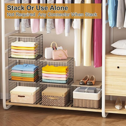 4PCS Wider Closet Organizers and Storage, Stackable Closet Shelf Organizer Storage Bins with Wood Top for Sweaters Jeans, Clothes Organizer Shelves for Wardrobe System Rack, Space-Saving,Sturdy Metal