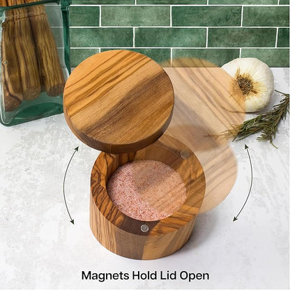 Totally Bamboo Rock & Branch Olive Wood Angled Salt Cellar Storage Box with Magnetic Swivel Lid, 3.8 Ounce Capacity