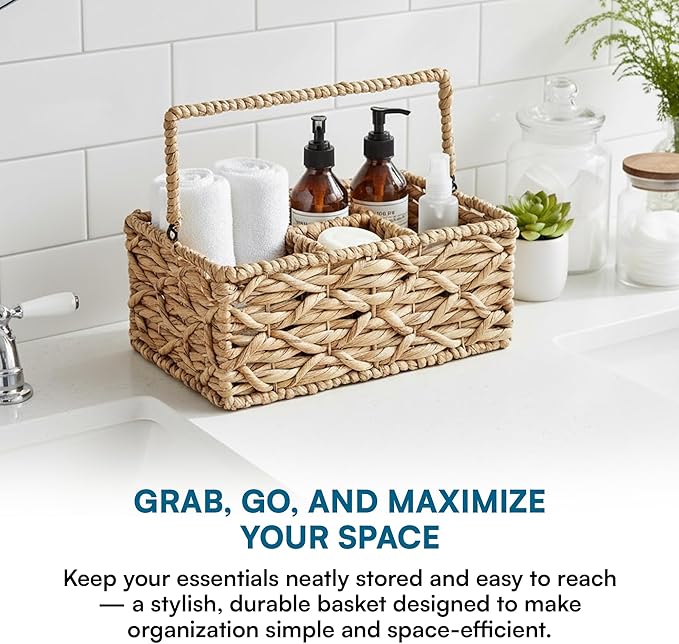Honey-Can-Do Multi-Use 3-Compartment Wicker Basket Caddy with Handle, Natural STO-09844 Natural Medium